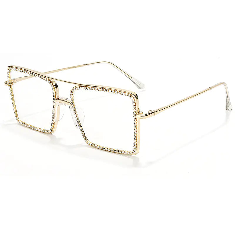 Square Frame Rhinestone Sunglasses with Clear Lenses