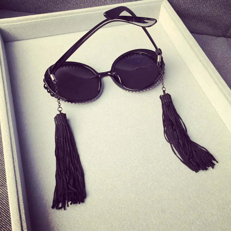 Vintage Round Frame Rhinestone Sunglasses with Tassels