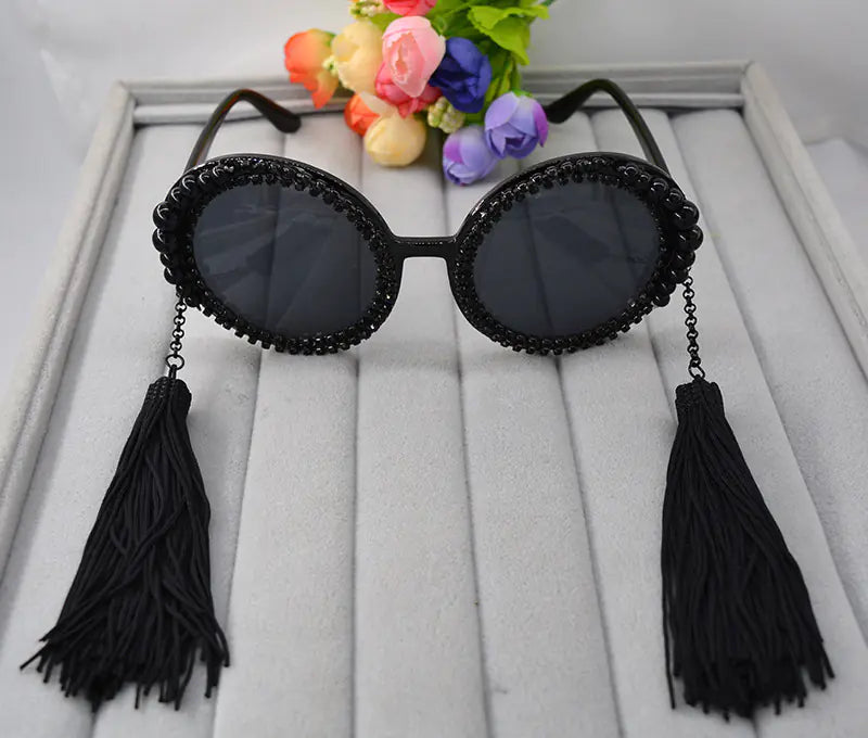Vintage Round Frame Rhinestone Sunglasses with Tassels