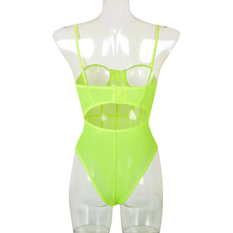 Women's Neon Green Backless Stripe Mesh Bodysuit