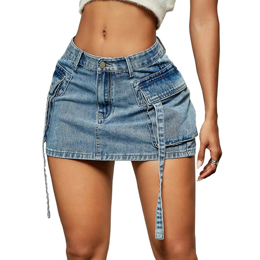 Denim Skirt y2k Button Mini Skirt Jean Skirt Cargo Skirts for Women with Pocket Low Waist