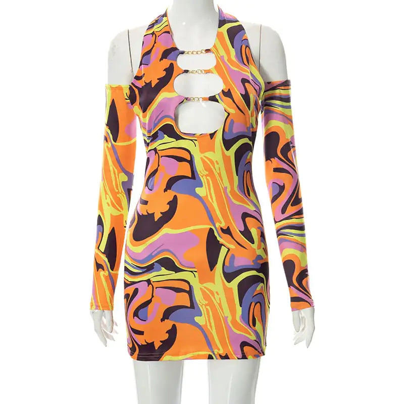 Backless Women's Halter Dress with Metal Cutouts