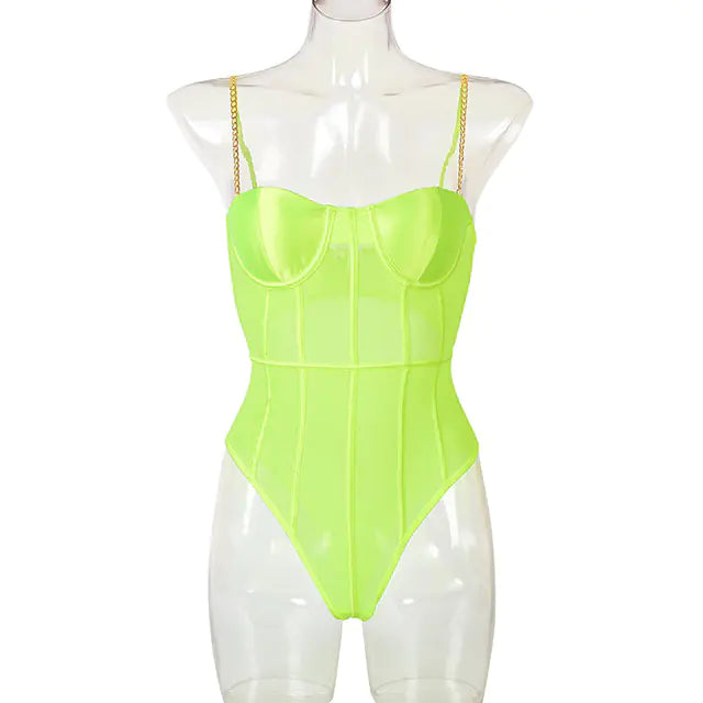 Women's Neon Green Backless Stripe Mesh Bodysuit