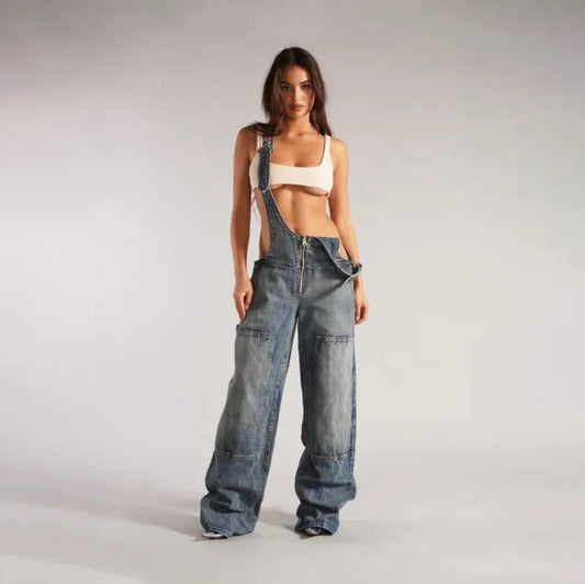Y2K Zipper Denim Overalls