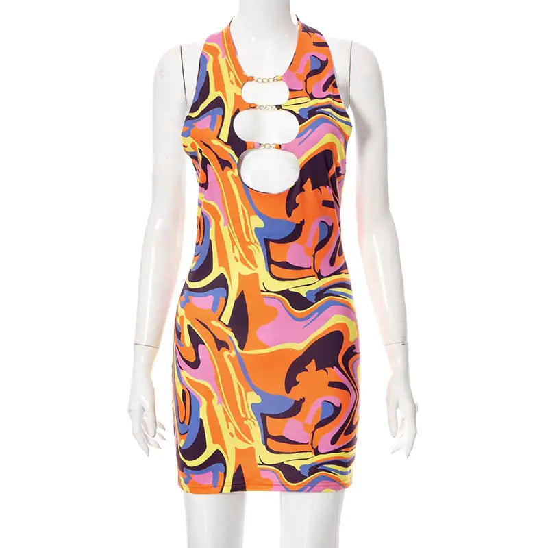 Backless Women's Halter Dress with Metal Cutouts