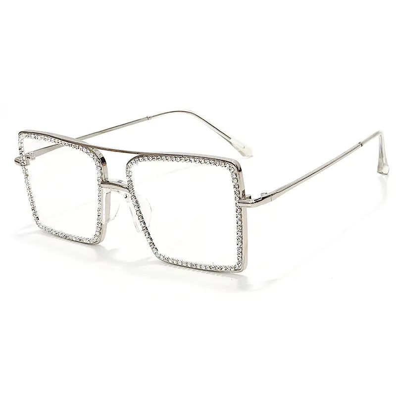 Square Frame Rhinestone Sunglasses with Clear Lenses