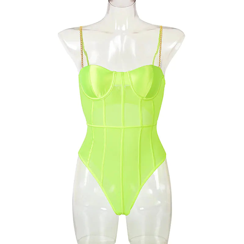Women's Neon Green Backless Stripe Mesh Bodysuit