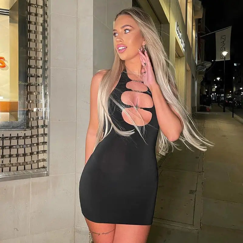 Backless Women's Halter Dress with Metal Cutouts