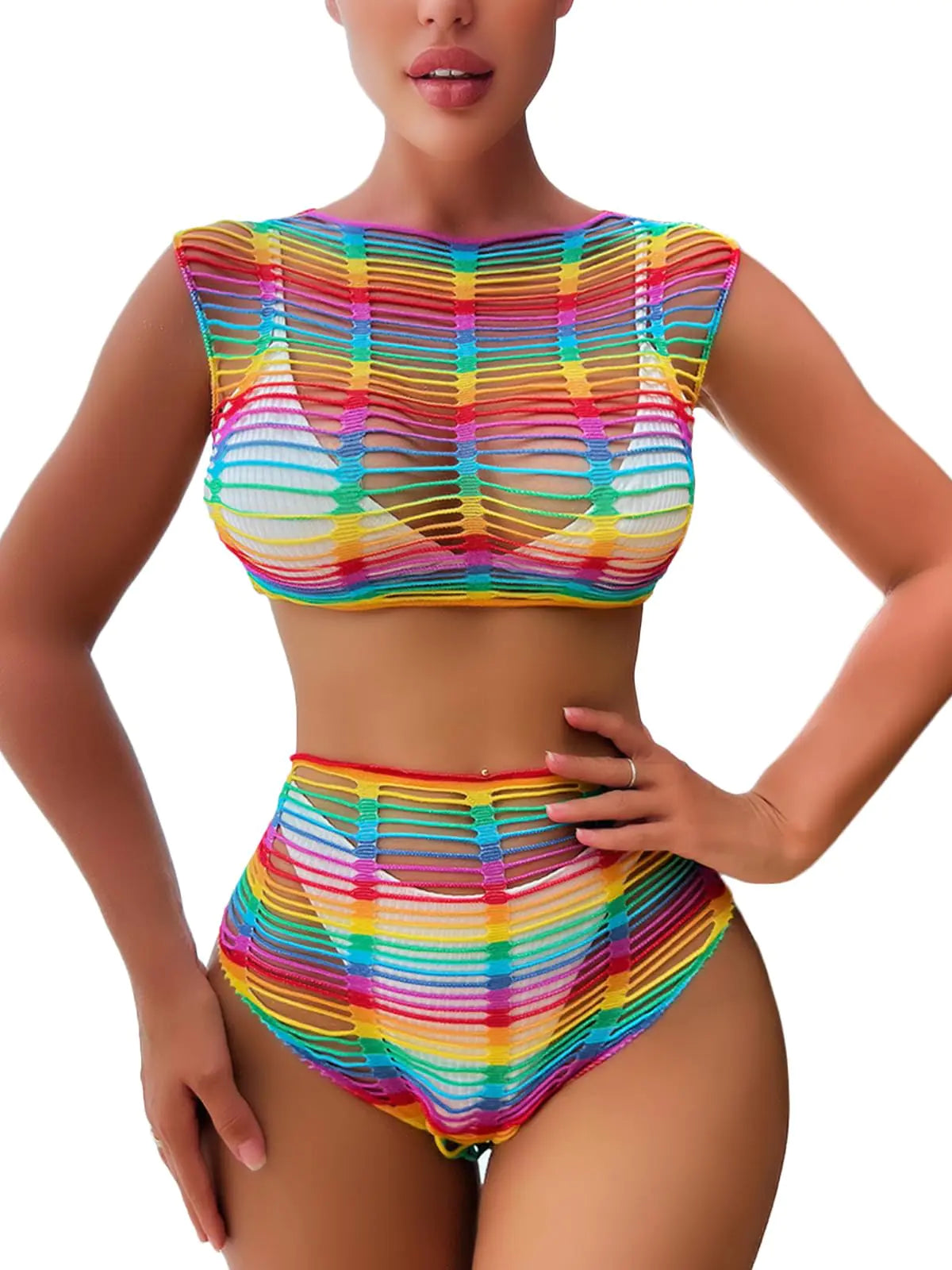 FasiCat Womens Mesh Lingerie Fishnet Babydoll Mini Dress Bodysuit See Through Shirts Long Sleeves Lingerie Bodysuit Cover Up (rainbow1105)