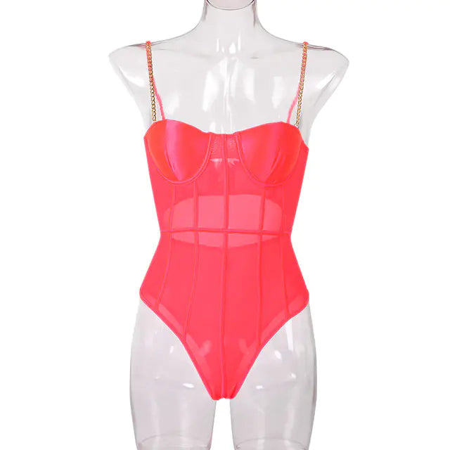 Women's Neon Green Backless Stripe Mesh Bodysuit