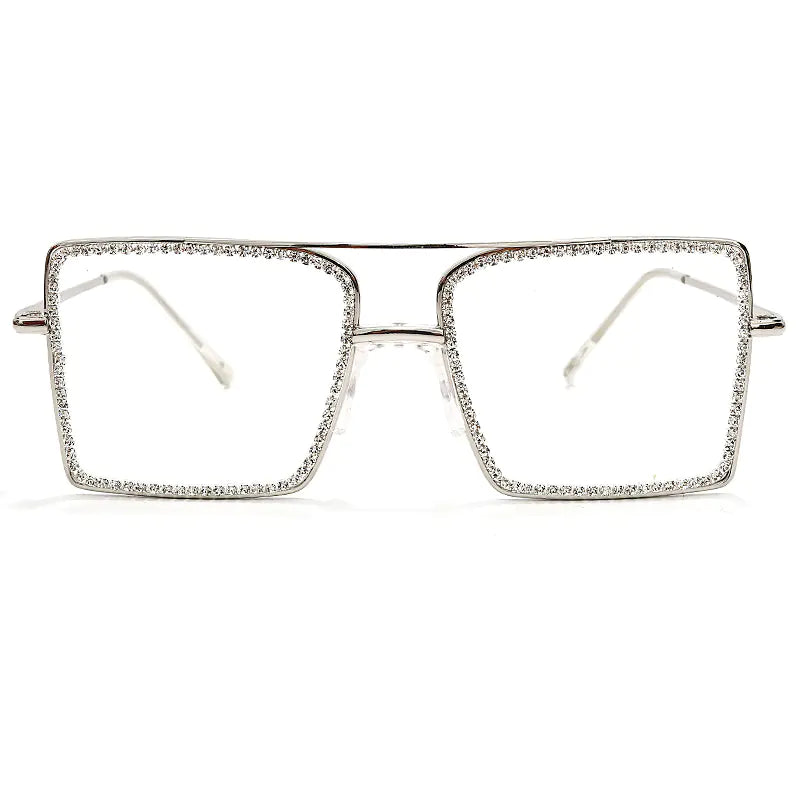 Square Frame Rhinestone Sunglasses with Clear Lenses