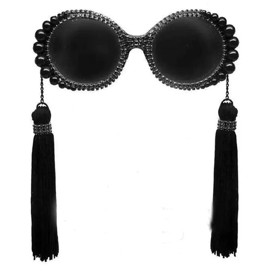 Vintage Round Frame Rhinestone Sunglasses with Tassels