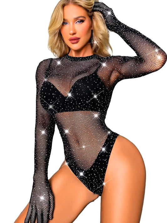 Rhinestone Mesh Bodysuit – Sheer Sparkly Rave Top with Long Sleeves