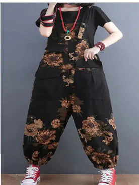 Vintage Floral Jumpsuit - Loose Fit Denim Overalls