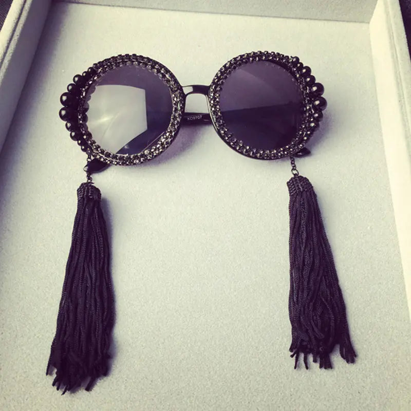 Vintage Round Frame Rhinestone Sunglasses with Tassels